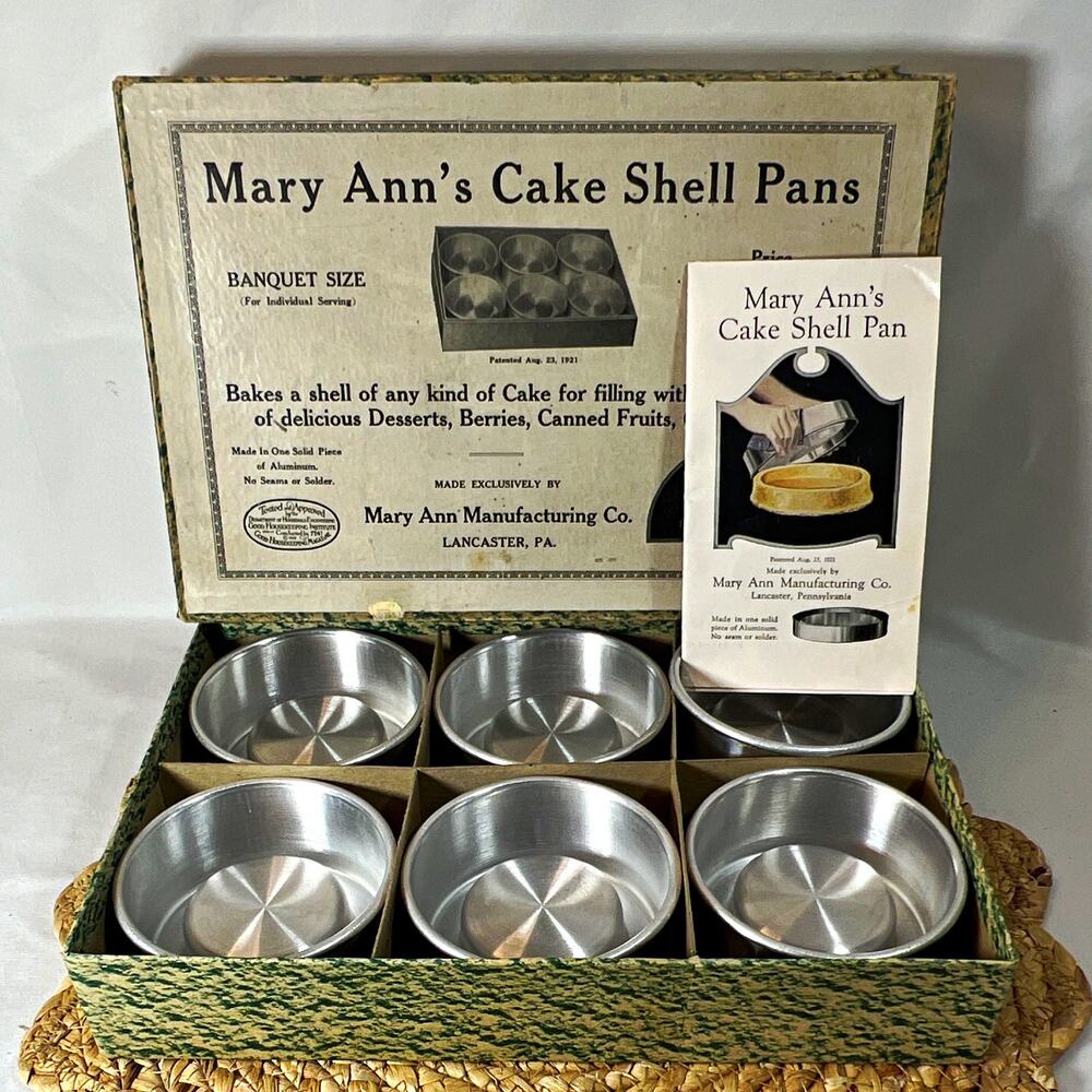 Vintage Mary Ann’s Cake Shell Pans Set of 6 Aluminum Round 4in + Box & Insert